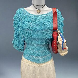 100% Silk Y2K Crochet Lace Top Turquoise Boho Festival Fairycore S
